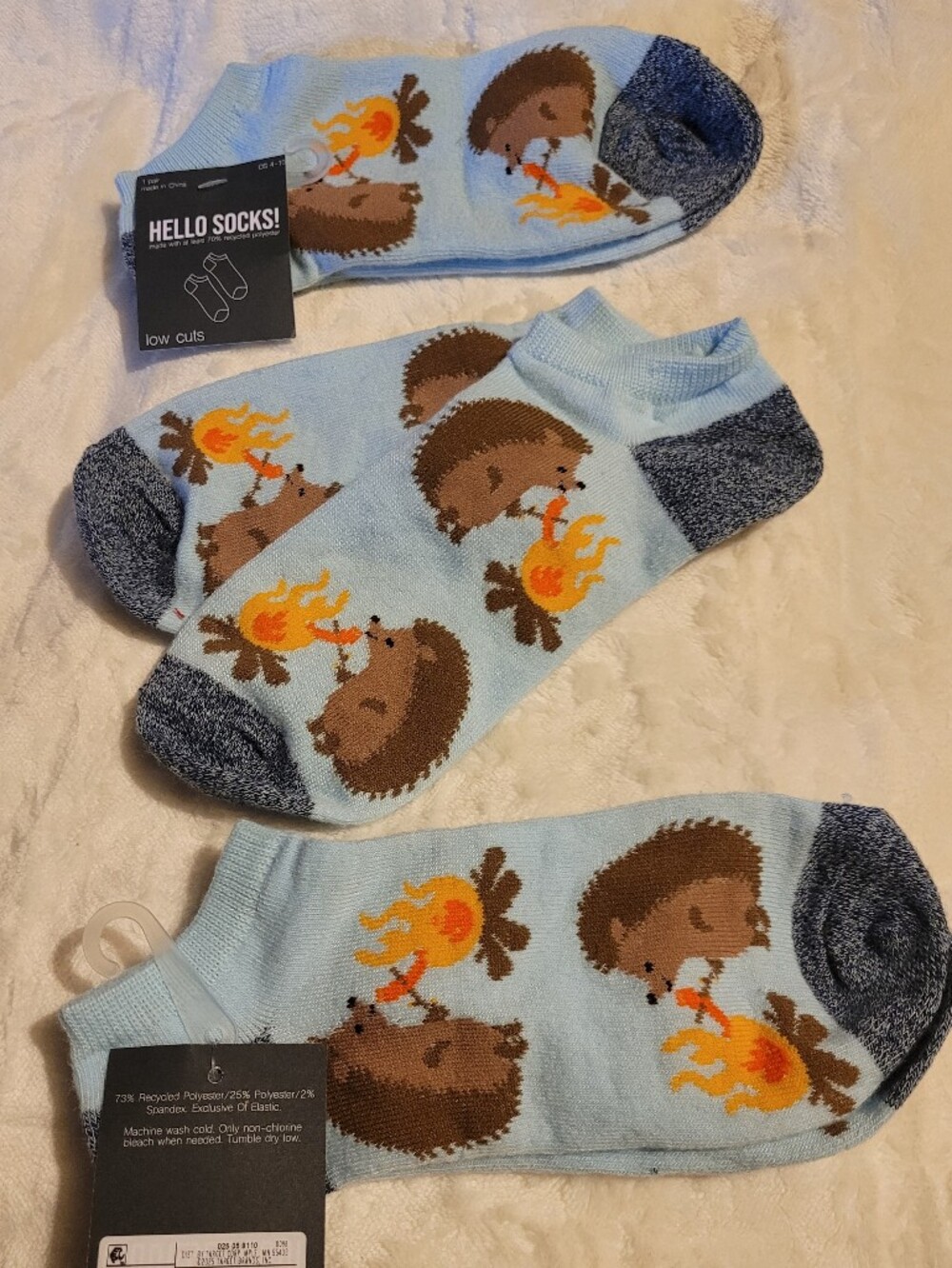 Women's Light Blue Hedgehog Campfire Low Cut Socks Set Of 3 Pairs